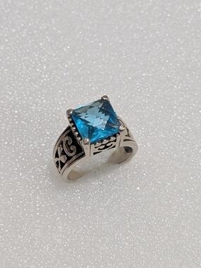 Vintage SU Sterling Silver Genuine 5ct Swiss Blue Topaz Cathedral Size 7.75 Ring